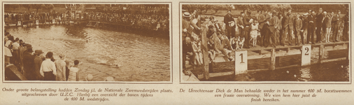 872671 Collage van 2 foto's betreffend de nationale zwemwedstrijden in de N.V. Utrechtsche Open Zwem- en Badinrichting ...